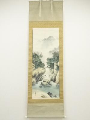 玉泉筆　彩色山水　肉筆絹本掛軸